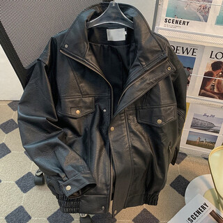 Xiaohongshu maillard retro leather jacket men's spring and autumn style stand collar pu leather jacket loose trendy brand black m