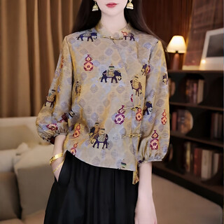 Suding brand high-end women's spring clothing new chinese style chinese style buckle printed slim tops 2026 new popular new products apricot m
