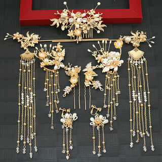 Super fairy hanfu headdress set, tassel phoenix crown, xiapei hair accessories, xiuhe suit, golden costume and ancient style accessories