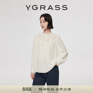 Vgrass26 spring new 18mm crepe de chine silk temperament small stand-up collar partially spliced lace small top xiangyun white s