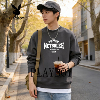 Playboy american heavyweight round neck sweatshirt for men 2026 spring loose casual versatile trendy top with velvet long sleeves dark gray s 95-120jin jin is equal to 0.5 kg