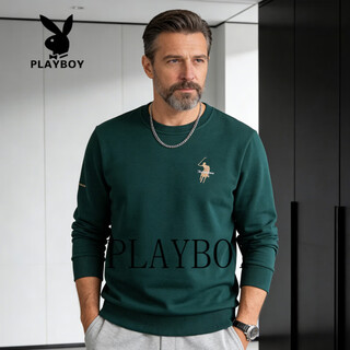 Playboy (playboy) men's sweatshirt spring and autumn pure cotton round neck pullover fashionable casual loose long-sleeved t-shirt large size dark green 2xl 130-150jin jin equals 0.5 kg