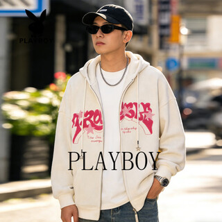 Playboy american heavyweight sweatshirt men's cardigan jacket men's 2026 spring and autumn loose zipper hooded sweatshirt men's apricot s 85-105
