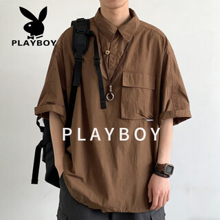 Playboy (playboy) american retro short-sleeved shirt for men 2026 summer trendy brand loose and versatile half-sleeved shirt casual tops brown m 100-120jin jin equals 0.5 kg
