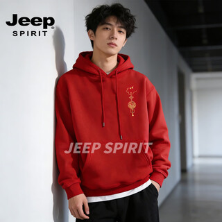Jeep spirit american heavyweight sweatshirt for men 2026 spring loose hooded top coat national trend printed long-sleeved clothes burgundy s
