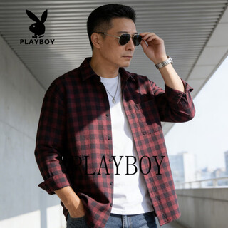Playboy american retro plaid shirt men's loose casual shirt 2026 summer trend versatile solid color jacket 1802 red long shirt m 90-105jin jin is equal to 0.5 kg