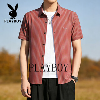 Playboy striped short sleeve shirt men's 2026 summer trendy brand casual shirt korean style trendy no-iron jacket tops red m 165 (90-115jin jin is equal to 0.5kg)