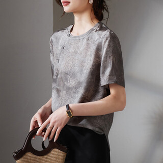 Sofsil new chinese style diagonal jacquard short sleeve shirt women's 2026 summer fashion versatile temperament women's top gray s