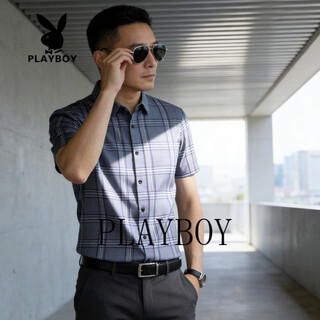 Playboy 2026 summer men's short-sleeved shirt plaid business casual slim-fitting no-iron shirt half-sleeve top blue m 100jin jin is equal to 0.5kg -125jin jin is equal to 0.5kg