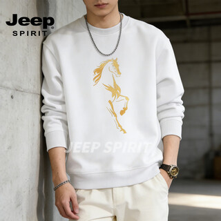 Jeep spirit american heavyweight sweatshirt for men 2026 spring loose velvet thickened round neck long-sleeved bottoming shirt top white m