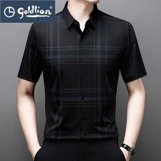 Goldlion men's short-sleeved shirt, middle-aged short-sleeved shirt, ice silk breathable elastic loose business casual striped shirt for men, black m