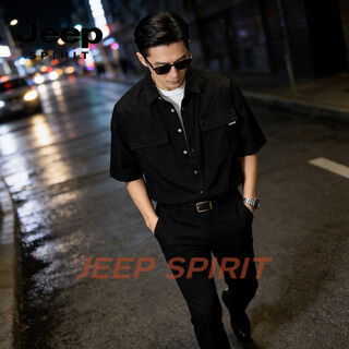 Jeep spirit american retro military green shirt men's loose workwear short-sleeved shirt summer casual half-sleeved tops trendy black m 90-110jin jin equals 0.5 kg