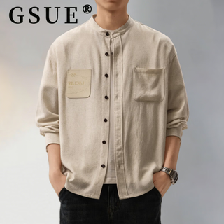 Gsue light luxury new chinese style linen cardigan long-sleeved shirt men's spring and autumn new smart commuter stand-up collar retro shirt jacket maben 4xl suitable for 210-230jin jin equals 0.5 kg