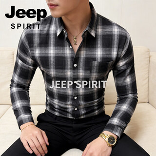 Jeep spirit jeep plaid shirt men's long-sleeved slim shirt men's business casual iron-free top 2026 spring casual black 2xl 120-135 jin jin is equal to 0.5 kg
