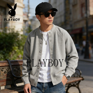 Playboy american retro cardigan sweater men's solid color baseball collar long sleeve jacket spring casual loose top gray m 90-115jin jin equals 0.5 kg