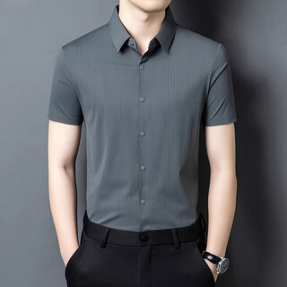 丨lilang丨men's short-sleeved shirt 2026 new style middle-aged fashion striped business casual ice silk high-elastic non-iron shirt gray green m 165