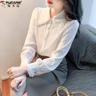 Woodpecker chiffon shirt for women with doll collar 2026 spring and autumn new fashion warm white shirt temperament age-reducing top for women white (regular style) s