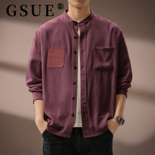 Gsue brand new chinese style linen cardigan long-sleeved shirt for men 2026 spring and autumn new stand-up collar retro shirt jacket plum red m suitable for 110-130jin jin equals 0.5 kg