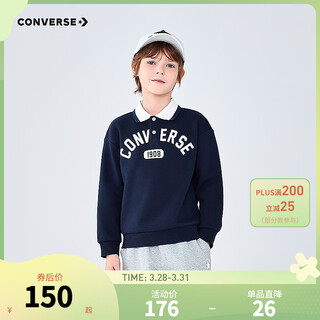 Converse boys and girls long-sleeved polo shirt 2025 autumn new retro printed children's loose breathable top navy blue 110/52 recommended height 98-104cm