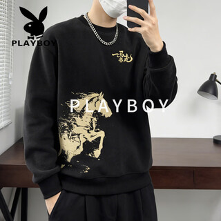Playboy (playboy) crew neck sweatshirt men's velvet thickened printed loose large size trendy casual bottoming shirt men's black m
