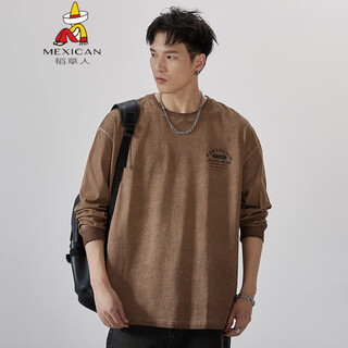 Scarecrow spring and autumn pure cotton retro gray large size sweatshirt men's loose plus fat plus trendy fat bottoming shirt long-sleeved t-shirt yf-f1273 khaki m 120jin jin equal to 0.5 kg, left and right wear