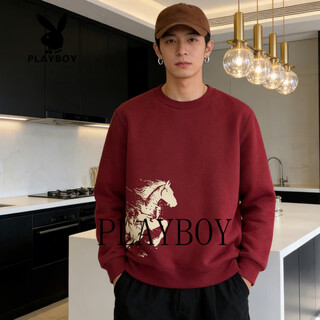 Playboy (playboy) american heavyweight round neck sweatshirt men's 2026 spring and autumn loose retro distressed printed casual bottoming shirt pullover burgundy m 90-100jin jin is equal to 0.5 kg