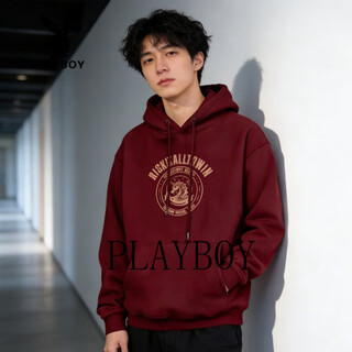 Playboy hooded sweatshirt men's 2026 spring new american retro print loose couple top jacket burgundy xl 150-180jin jin equals 0.5kg