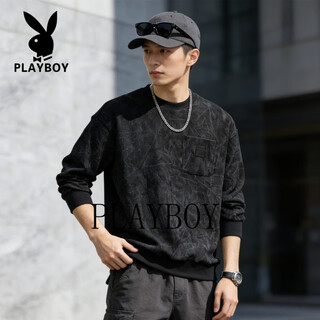 Playboy american retro loose sweatshirt men's 2026 spring and autumn trendy brand long-sleeved pullover bottoming shirt men's top black 4xl 175-195jin jin equals 0.5 kg