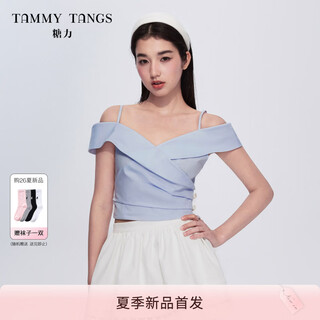 Same style as tangli mall, blue letter shirt, 2026 new summer style waist-cinching short suspender one-shoulder shirt top for women, blue, exposed collarbone suspender, one-shoulder collar, cross-breasted design s