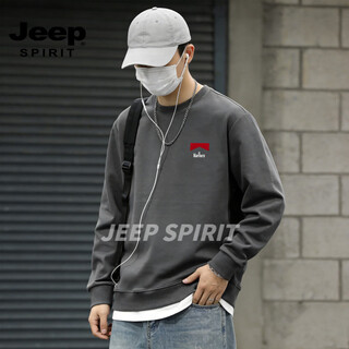 Jeep spirit american heavyweight velvet thickened round neck sweatshirt for men 2026 spring loose casual bottoming shirt gray s