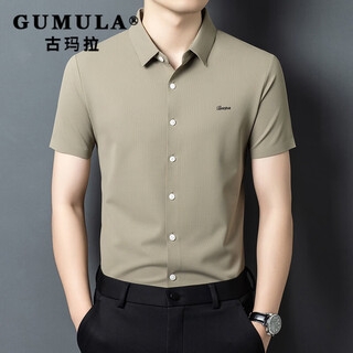 Gumala brand men's business casual ice silk short-sleeved shirt 2026 summer new style seamless lapel half-sleeved shirt for men khaki m 48/105
