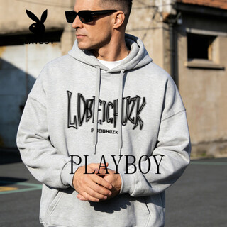 Playboy (playboy) hooded sweatshirt men's 2026 spring and autumn new loose large size printed casual versatile long-sleeved jacket men's top gray m 90-105jin jin equals 0.5 kg