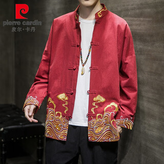 Pierre cardin 2025 spring and autumn chinese style men's hanfu retro style fairy style ancient costume trendy brand youth chinese tang suit jacket y63 red xl 130-145jin jin is equal to 0.5 kg