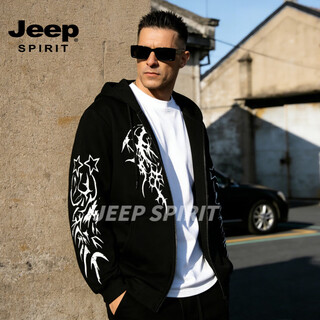 Jeep spirit letter print sweatshirt men's hooded jacket 2026 spring new trendy loose casual versatile top black and white m recommended 95-110jin jin equals 0.5 kg