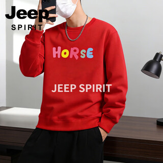 Jeep spirit american heavyweight round neck velvet sweatshirt for men 2026 new loose red bottoming shirt trendy casual top 01 red m 90 - 110 jin jin is equal to 0.5 kg