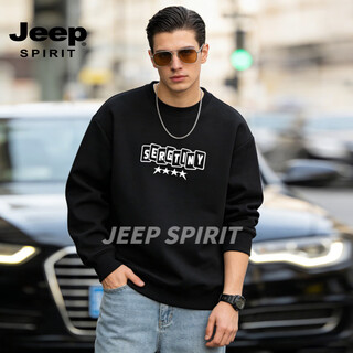Jeep spirit round neck sweatshirt men's 2026 spring new loose printed tops men's trendy velvet bottoming shirt jacket men black s