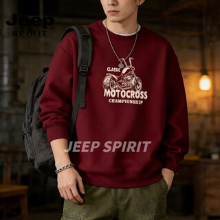 Jeep spirit heavyweight american retro motorcycle print velvet sweatshirt men's loose casual long-sleeved round neck bottoming shirt top men red s (95-120jin jin equals 0.5 kg)