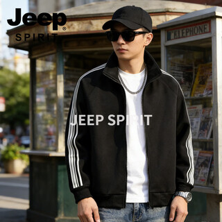 Jeep spirit jeep cardigan sweater men's 2026 spring new loose casual sports jacket men's stand collar zipper top men black m 80-100 jin jin is equal to 0.5 kg