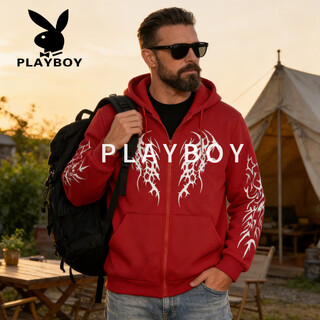 Playboy (playboy) american heavy motorcycle skull zipper sweatshirt jacket for men and women couples trendy brand high street skull hoodie red and white l 70-80kg