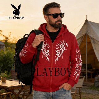 Playboy (playboy) cardigan sweatshirt men's 2026 spring and autumn jacket men's hooded zipper printed long sleeve top loose and versatile red and white s 120-140jin jin equals 0.5 kg