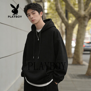 Playboy hooded sweatshirt men's 2026 spring new american retro solid color loose large size couple style jacket black s 95-120jin jin equals 0.5 kg