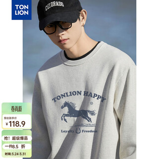 Tonlion 2026 spring men's front chest letter horse graphic and text printed round neck sweatshirt gray 2xl