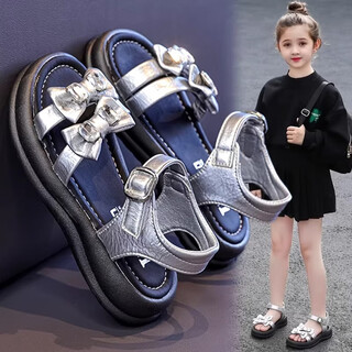 Lingli girls sandals 2026 summer new children's open-toe style beach shoes girls bow sequin princess sandals silver 26