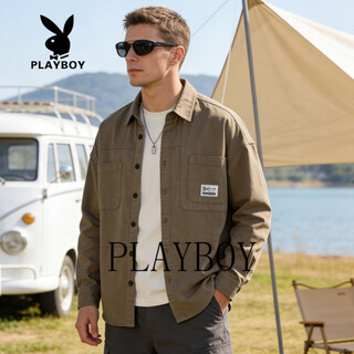 Playboy american retro work shirt men's loose shirt jacket men's 2026 spring and autumn trendy casual long-sleeved shirt khaki m 90-110jin jin is equal to 0.5 kg