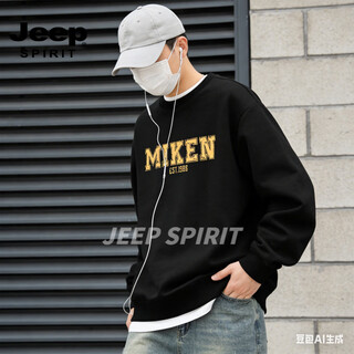 Jeep spirit american heavyweight sweatshirt for men plus velvet loose trend versatile printed round neck pullover top jacket black s