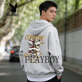 Playboy american retro dragon totem print hooded sweatshirt men's 2026 spring loose versatile trendy couple top light gray m 85-105jin jin is equal to 0.5 kg
