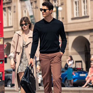 Ordos city-made sheep wool t-shirt men's v-neck wool t-shirt machine washable 2026 spring cardigan for men piano black m /170