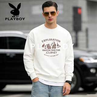 Playboy (playboy) round neck sweatshirt men's 2026 spring new loose large size bottoming shirt men's long-sleeved t-shirt men's white s recommended 95-120jin jin equals 0.5 kg