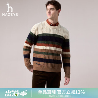 Hazzys men's winter crew neck sweater knitted contrast striped cable wool sweater men abyzd0cdd47 cream cr l (175/96a 48)
