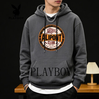 Playboy sweatshirt men's hooded loose trendy brand 2026 spring new men's casual versatile long-sleeved tops jacket men dark gray s 95-120jin jin equals 0.5 kg